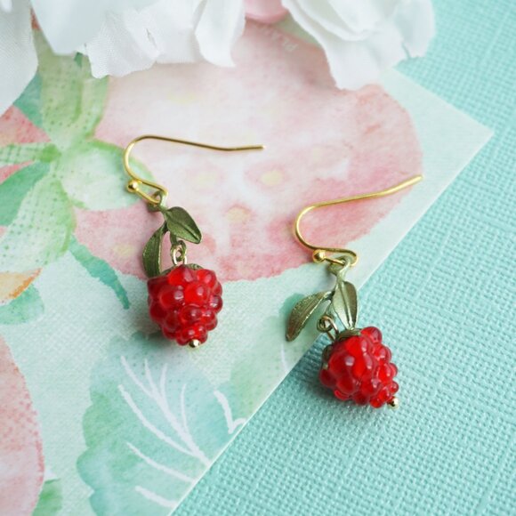 Brand new handmade Cute raspberry earrings red glass raspberry earrings - Picture 2 of 2